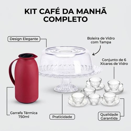 Kit Boleira de Vidro Tampa Confit com 6 Xicaras e Garrafa Termica 1L Cazza Kit111c